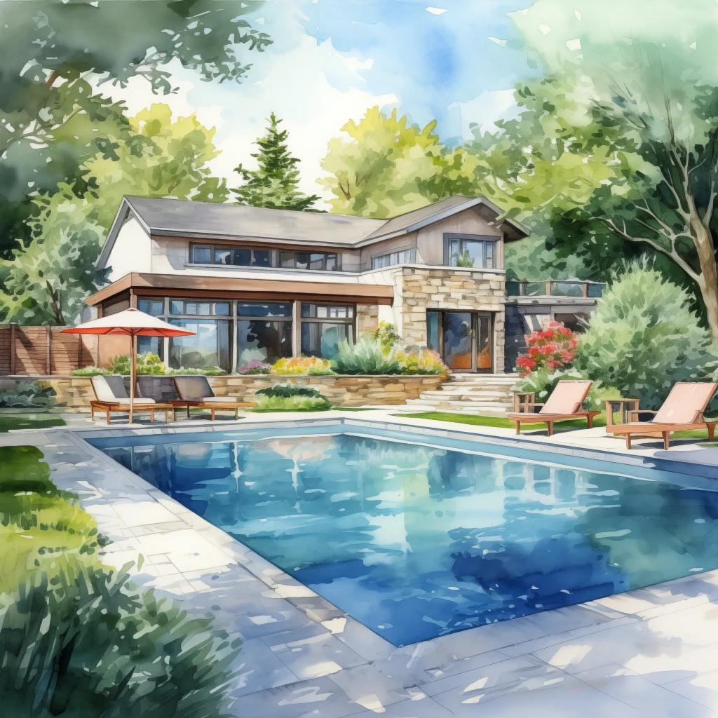 Water color image of a backyard pool behind a modern house in the summertime.