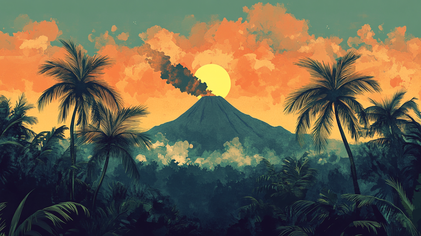 Tropical forest with volcano and sunset