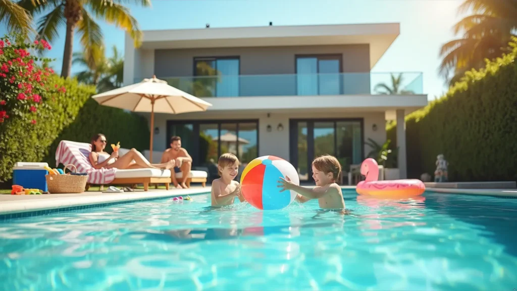 Family playing in pool