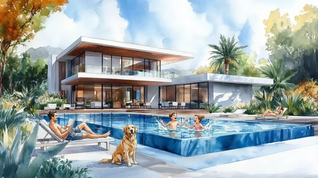 Modern House with Pool and Kids Playing