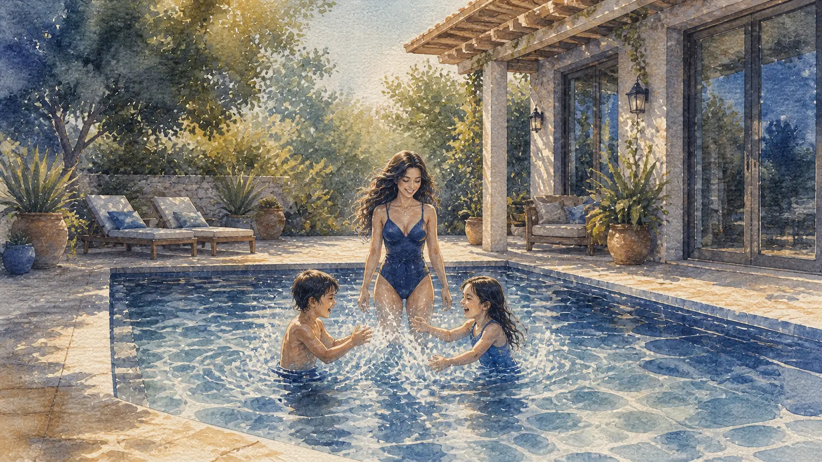 Watercolor of mom and kids in a pool