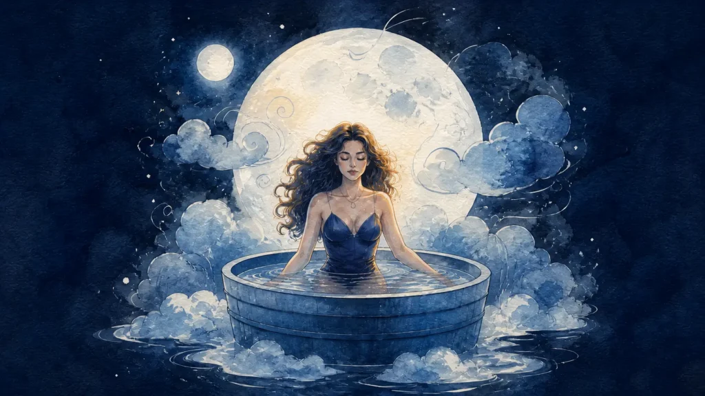 Mystical watercolor of woman in a hot tub
